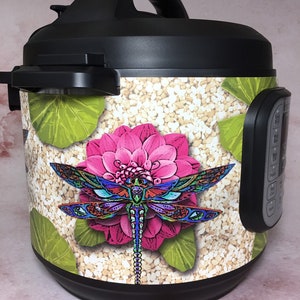 Dragonflies n Flowers - Colored Background- Instant Pot wrap. Premium non-adhesive waterproof wrap by Instant Wraps. Dragonfly