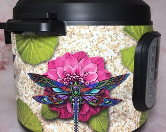 Dragonflies n Flowers - Colored Background- Instant Pot wrap. Premium non-adhesive waterproof wrap by Instant Wraps. Dragonfly