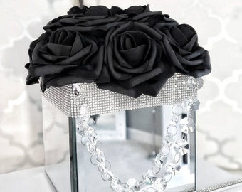Mirrored Boxed Black Foam Roses, Rhinestone Decor