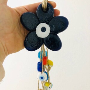 Dark blue evil eye wall decor, Flower shapet evil eye wall decor, Garden decor, Colorful evil eye beads, Door hanging decor, Wind chimes