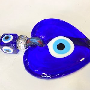 Blue Evil Eye wall decor - heart evil eye wall hanging -blue glass evil eye beads - home decor - Turkish evil eye bead