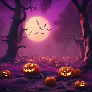 Halloween Landscape | Pumpkins | Bats | Spooky Forest | Purple Haze | AI Art | Digital Download