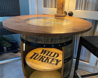 Custom Finished Bourbon Barrel Pub Table with Cabinet Cut Out