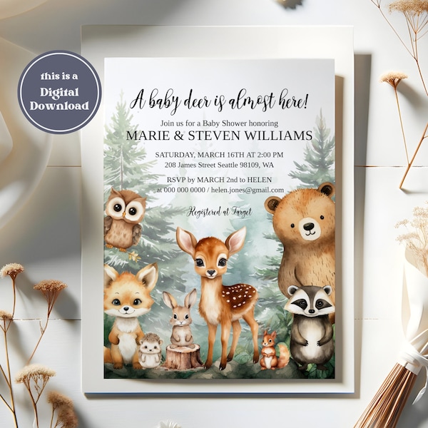 Editable woodland baby shower invitation, greenery forest animals gender neutral invite, baby deer baby shower digital printable template