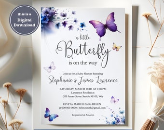 Editable butterfly baby shower invitation, butterfly decor baby in bloom invite, colorful invitation baby shower digital printable template