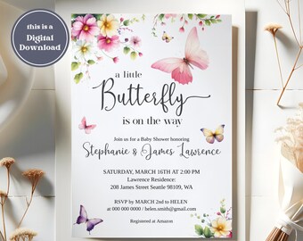 Editable butterfly baby shower invitation, pink butterfly decor baby in bloom invite, girl butterfly baby shower digital printable template