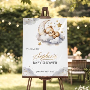 Znak powitalny na baby shower z misiem, znak neutralny płciowo, słodki miś śpiący na księżycu, edytowalny cyfrowy szablon do druku
