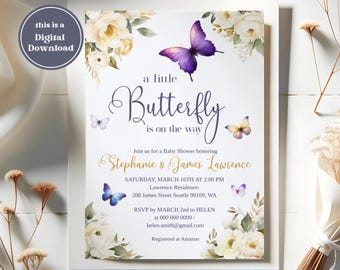 Editable butterfly baby shower invitation, butterfly baby in bloom invite butterfly kisses baby shower invitation digital printable template