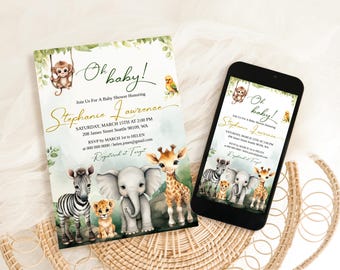 Safari Baby Shower Invitation, Jungle baby invite, Wild One Gender Neutral Baby Shower Invite, Safari Animals Baby Shower Invite template