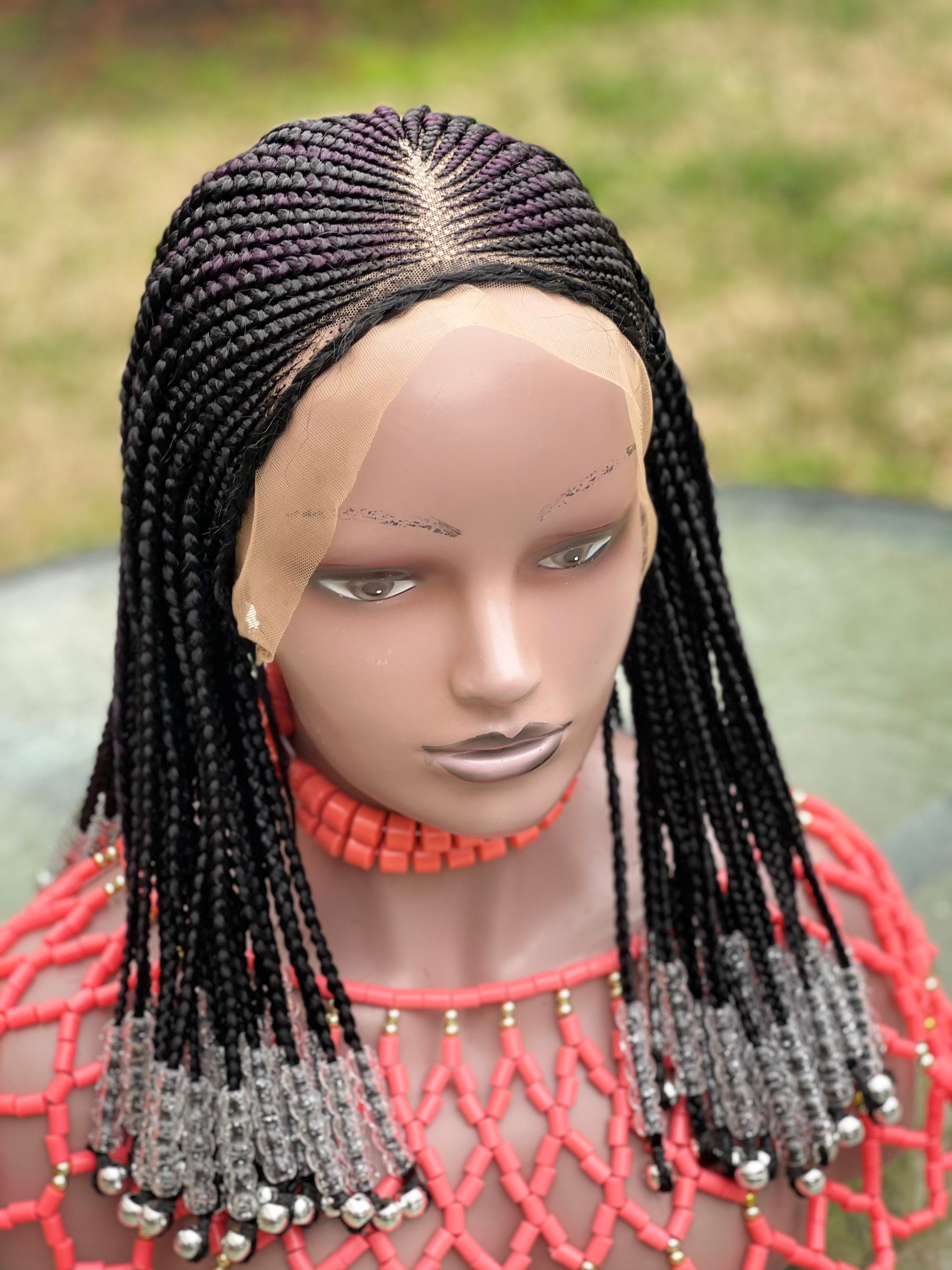 Braided cornrow wig with beads. Made on a frontal.wigs for Etsy