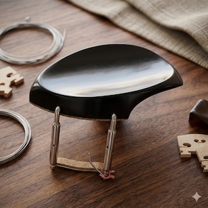 Puede incluir: Un soporte de hombro negro para violín con patas metálicas ajustables y una base de corcho. El soporte está rodeado de cuerdas de violín, un puente de madera y otros accesorios, todo sobre una superficie de madera.