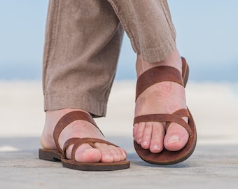 Whiskey Leather Toe Ring Sandals: Handmade Greek Style