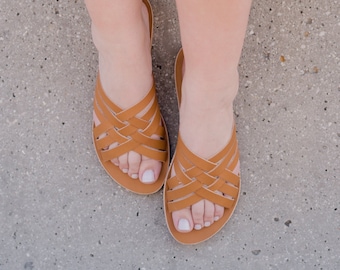 Handmade Nubuck Leather Sandals: Greek Style Strappy Flats