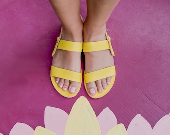 Handmade Yellow Leather Sandals: Greek Style, Dual Strap