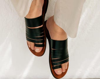Handmade Leather Toe Ring Sandals - Greek Style Mens Slides