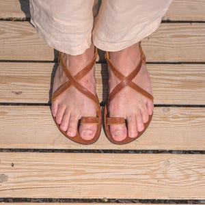 Men's Handmade Leather Greek Sandals - Whiskey Brown Toe Ring