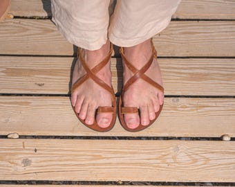 Men's Handmade Leather Greek Sandals - Whiskey Brown Toe Ring