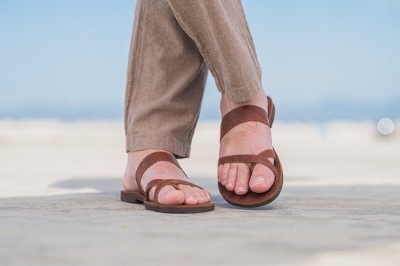 Whiskey Leather Toe Ring Sandals: Handmade Greek Style