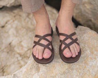 Men's Handmade Leather Greek Sandals - Brown Toe Ring Sandal