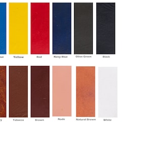 May include: A color chart showing 12 different leather colors. The colors are: Cobalt Blue, Yellow, Red, Navy Blue, Olive Green, Black, Whiskey, Tobacco, Brown, Nude, Natural Brown, and White.