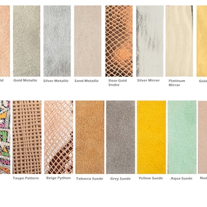 May include: A chart showing 14 different leather and fabric swatches. The swatches are labeled with their names, including Rose Gold Metallic, Gold Metallic, Silver Metallic, Sand Metallic, Rose Gold Snake, Silver Mirror, Platinum Mirror, Gold Mirror, Totem, Taupe Pattern, Beige Python, Tobacco Suede, Grey Suede, Yellow Suede, Aqua Suede, and Nude Suede.