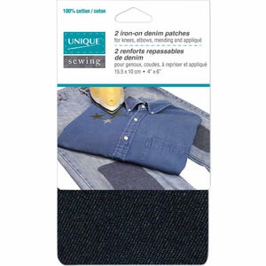 May include: A pack of two iron-on denim patches for knees, elbows, mending, and appliqué. The package includes a dark blue denim patch and a denim shirt with a yellow iron on top. The package also includes the text "UNIQUE sewing".