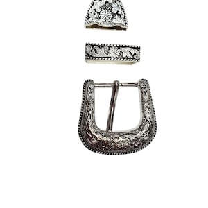 Hebillas de cinturón antiguas de plata con grabado floral estilo western - 3 piezas