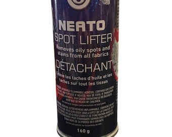 May include: A blue and red can of Neato Spot Lifter stain remover. The can is 160 grams and removes oily spots and stains from all fabrics. The can has a white cap with a textured top.