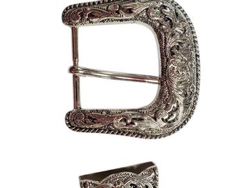 Vintage Western Floral Engraved silver- tone Belt Buckle Set- 3 pieces