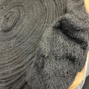 May include: Close-up of a roll of black fabric. The fabric is tightly wound and has a soft, fuzzy texture.