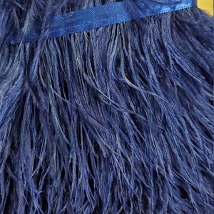 May include: A deep blue ostrich feather trim featuring long, wispy feathers attached to a matching blue satin ribbon header. The dense, layered plumage creates a textured, flowing appearance, with the ribbon providing a structured top edge.
