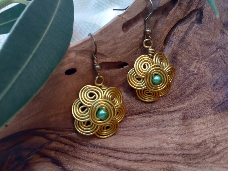 Antique earrings Egyptian spiral earrings Wirewrapping earrings Jewelry for women Ladies earring Flower earringss