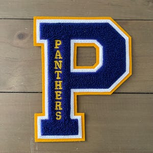 May include: A blue felt letter P with white and yellow trim. The word "PANTHERS" is embroidered vertically on the left side of the letter.