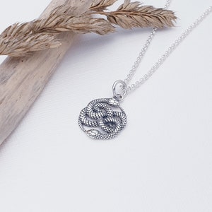 May include: A silver necklace with a pendant featuring two intertwined snakes in a circular shape. The snakes are detailed with scales and have a textured finish.