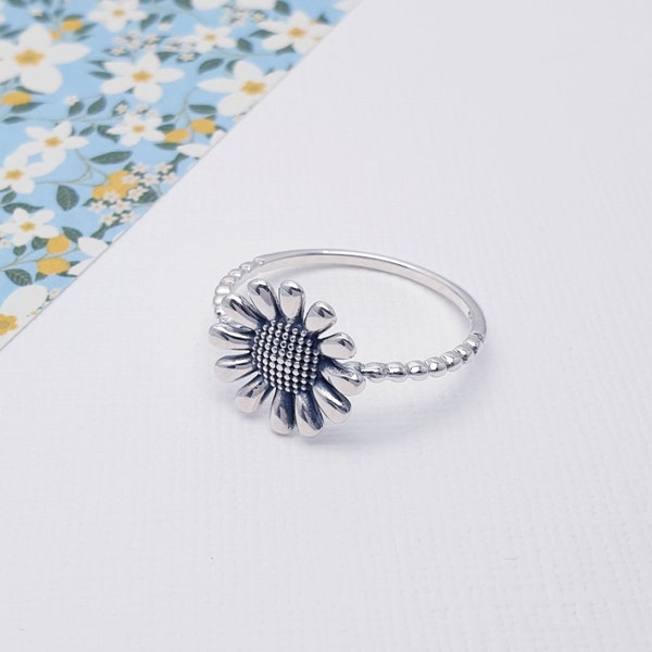 Sterling Silver Sunflower Ring, flower gifts, oxidised jewellery