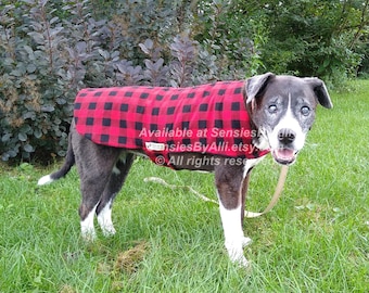 Flannel Dog Coat, Fleece Dog Jacket, Red Plaid Dog Coat, Buffalo Plaid Dog Coat, XL Dog Coat, Large Dog Coat, Small Dog Coat, Easy On Coat