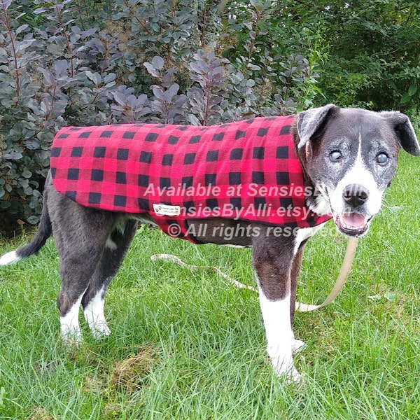 Flannel Dog Coat, Fleece Dog Jacket, Red Plaid Dog Coat, Buffalo Plaid Dog Coat, XL Dog Coat, Large Dog Coat, Small Dog Coat, Easy On Coat