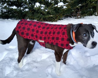 Flannel Dog Coat, Fleece Dog Coat, Buffalo Plaid Dog Coat, Red Plaid Dog Coat, XL Dog Coat, Large Dog Coat, Small Dog Coat, Woodsy Dog Coat