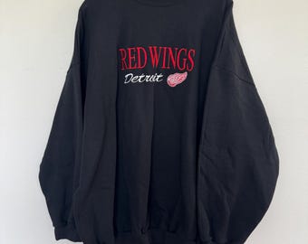 NEW Vintage 90s Logo 7 Detroit Red Wings Hockey Sweatshirt Mens 3XL Black Crewneck Made In USA
