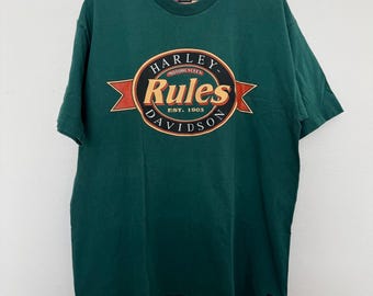 Vintage 90s Harley Davidson Rules T-Shirt Mens XL Green Single Stitch Bike Tee