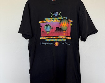 Vintage 90s Albuquerque New Mexico T-Shirt Mens Medium Signal Sports Single Stitch Made In USA Black Colorful Hot Air Ballon Moon Sun Tee
