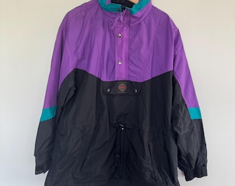 Vintage 90s Colorful Windbreaker Jacket Mens Large Half Zip Pullover Hood Popover Black Purple Teal