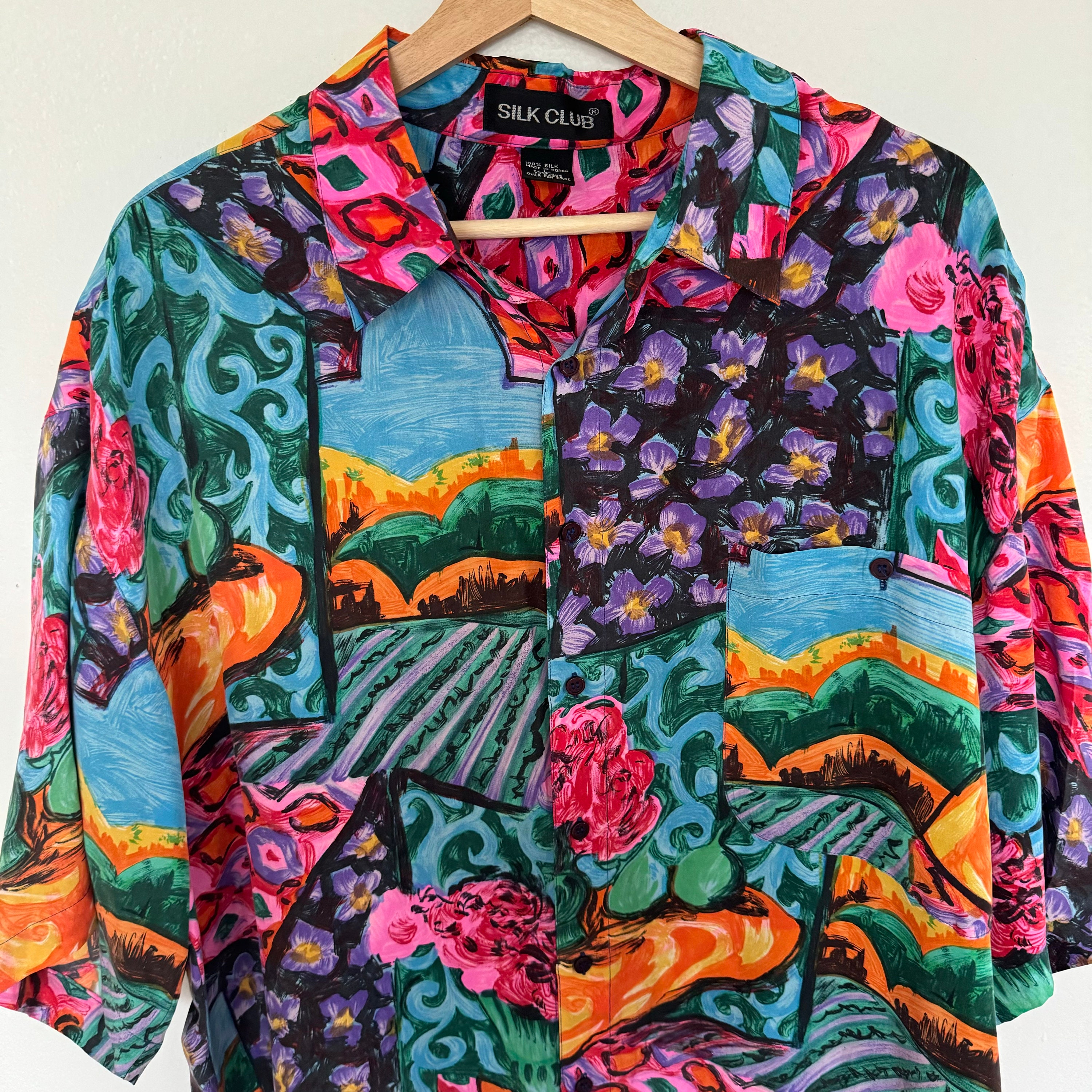Vintage Silk Club Shirt Mens Large Colorful Floral Landscape Art 