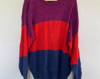 Vintage 90s Cable Knit Sweater Mens Large Colorful Chunky Cotton Purple Red Blue
