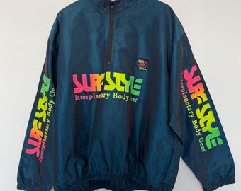 Vintage 90s Surf Style Windbreaker Jacket One Size Fits All Iridescent 1/4 Zip Pullover Made In USA