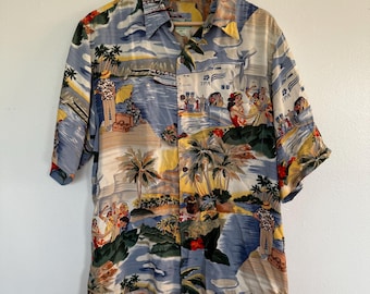 Vintage Reyn Spooner Hawaiian Shirt Mens Medium Made In Hawaii Beach Aloha Honolulu Clipper TPA Trans Pacific Airline Button Up