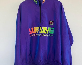 Vintage 90s Surf Style Windbreaker Jacket One Size Fits All Iridescent Purple 1/4 Zip Pullover Made In USA