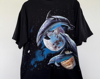 Vintage 90s Habitat Dolphin Space T-Shirt Mens Large Black AOP Galaxy Animal Tee