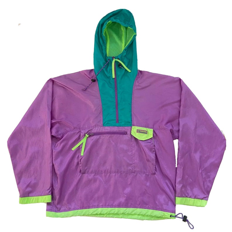 columbia radial sleeve pullover windbreaker jacket adult small 90s purple green neon hooded lightweight coat rare mens vintage clothing