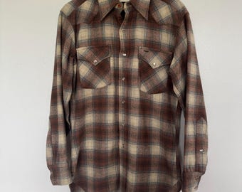 Pendleton Board Shirt, Vtg 60s 70s, Mens Olive Plaid M Beach